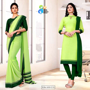 Light Green Premium Georgette Plain Border Housekeeping Uniform Sarees Salwar Combo For Workers Staff