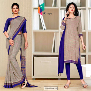 Beige Blue Small Print Premium Italian Silk Crepe Uniform Sarees Salwar Combo For Workers