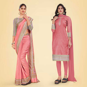 Rose Pink Women's Premium Mulberry Silk Plain Gaala Border Airline Uniform Saree Salwar Combo