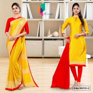 Yellow Red Women's Premium Italian Silk Eyecatchers Uniform Sarees Salwar Combo For School Teachers