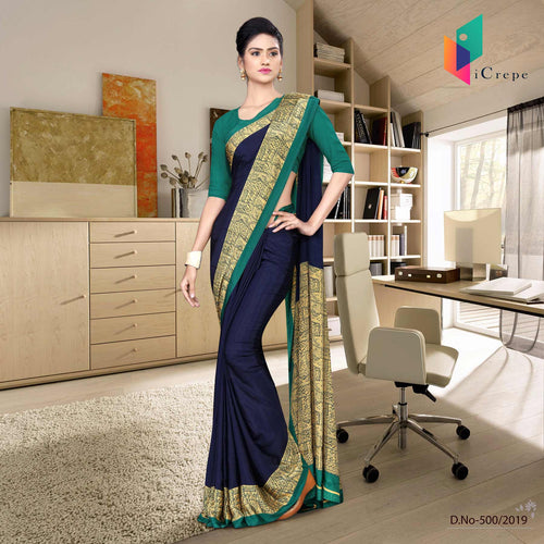 Dark Blue And Green Italian Crepe Silk Institution Uniform Saree