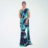 Turquoise Women's Premium Italian Silk Digital Print Female Uniform Sarees With Blouse Piece