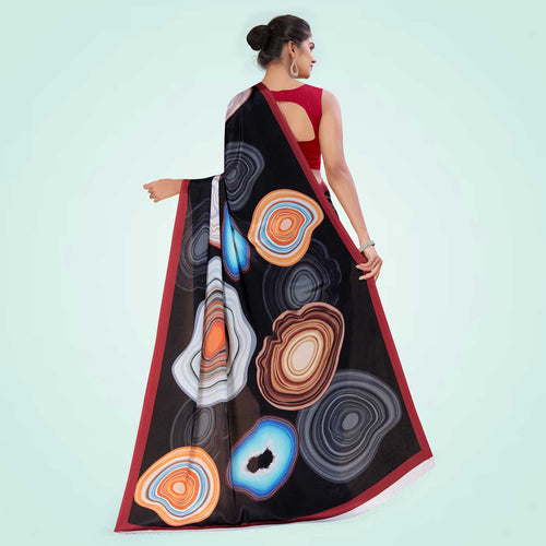 Turquoise Women's Premium Italian Silk Digital Print Female Uniform Sarees With Blouse Piece