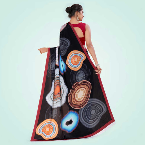 Peach and Navy Blue Women's Premium Italian Silk Digital Print Uniform Sarees for Institutions With Blouse Piece