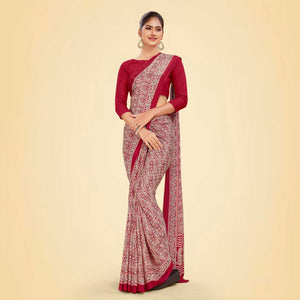 Maroon Women's Premium Italian Silk Ikat Print School Uniform Saree