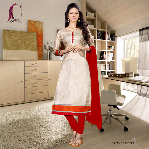 Beige With Maroon Border Women's Premium Tripura Cotton Fancy Uniform Salwar Kameez