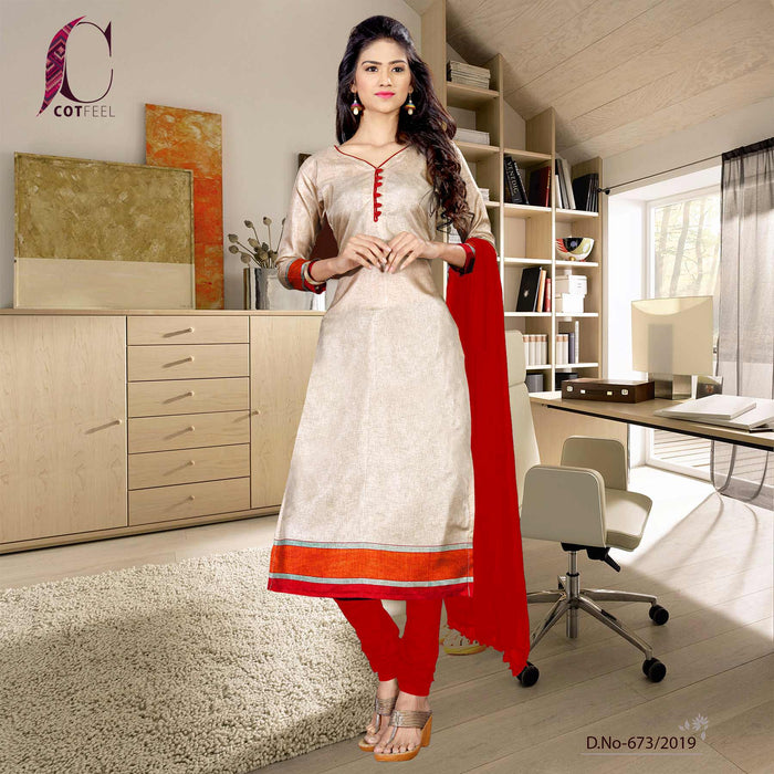 Beige With Maroon Border Tripura Cotton Fancy Uniform Salwar Kameez