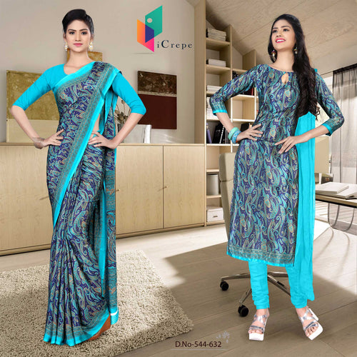 Navy Blue and Turquoise Women's Premium Italian Silk Paisley Print School Uniform Sarees Salwar Combo