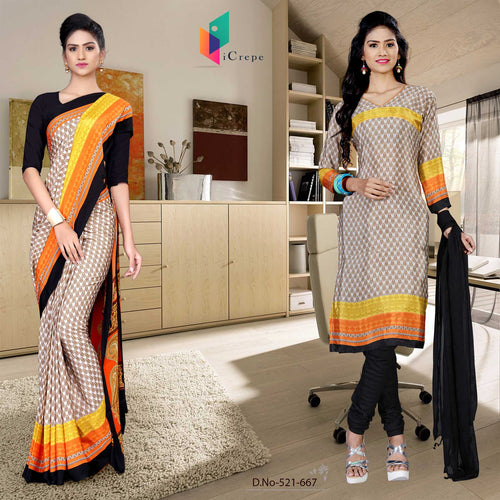 Cream and Black Women's Premium Italian Silk Eyecatchers School Teachers Uniform Sarees Salwar Combo
