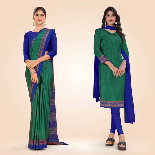 Turquoise and Navy Blue Women's Premium Italian Silk Discipline Day Hospital Uniform Saree Salwar Combo