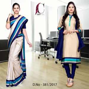 Beige and Navy Blue Women's Premium Manipuri Cotton Plain Gaala Border Teachers Uniform Sarees Salwar Combo