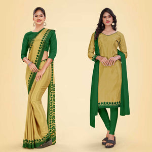 Leaf Green and Mustard Women's Premium Silk Chiffon Plain Gaala Border Teachers Uniform Saree Salwar Combo
