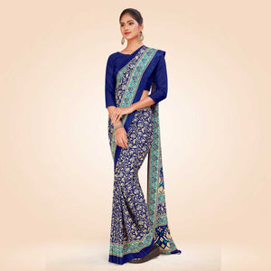 White and Navy Blue Women's Premium Italian Silk EverGreen School Uniform Sarees With Blouse Piece