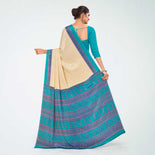 Beige and Turquoise Women's Premium Italian Silk Discipline Day Anganwadi Uniform Saree