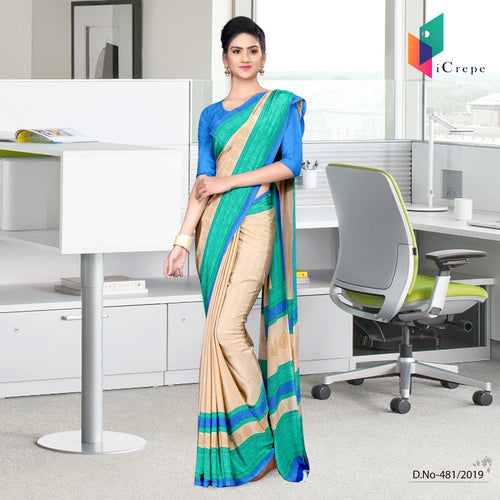 Off White And Blue Italian Crepe Silk House Keeping Uniform Saree